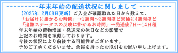 2025年12月08日更新、年末年始の配送に関して
